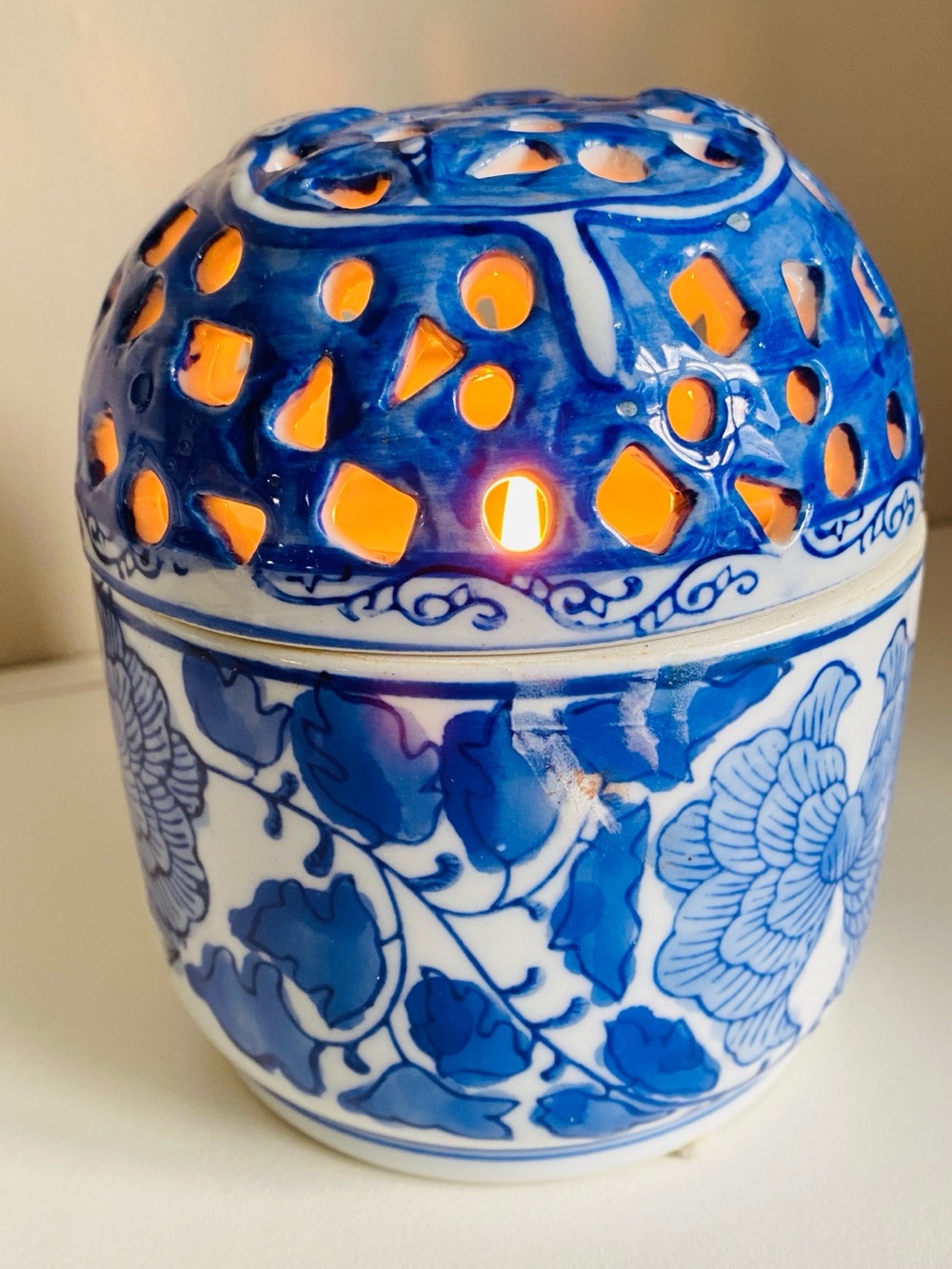 Occupied Japan 1945 blue Vase Porcelain Candle Lantern - Reticulated Chinoiserie